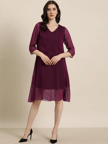 Wine V neck calf length dress