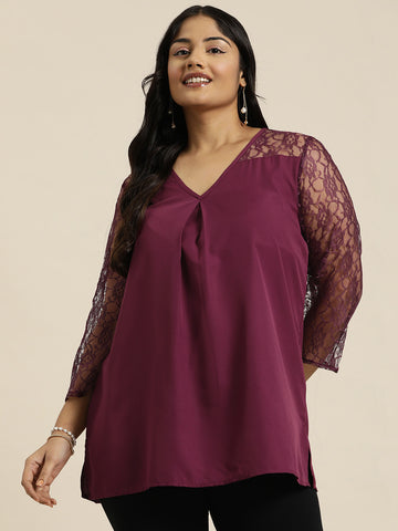 Flowy Wine floral net crepe tunic top