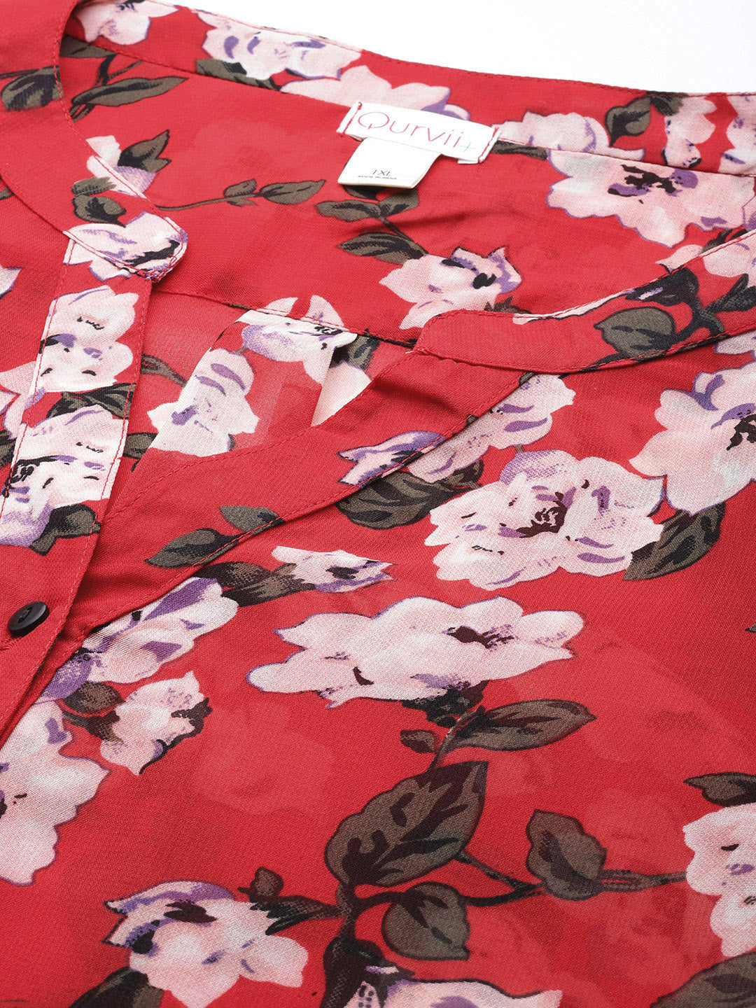 Red Floral georgette Half-Placket shirt with full cuff sleeves.