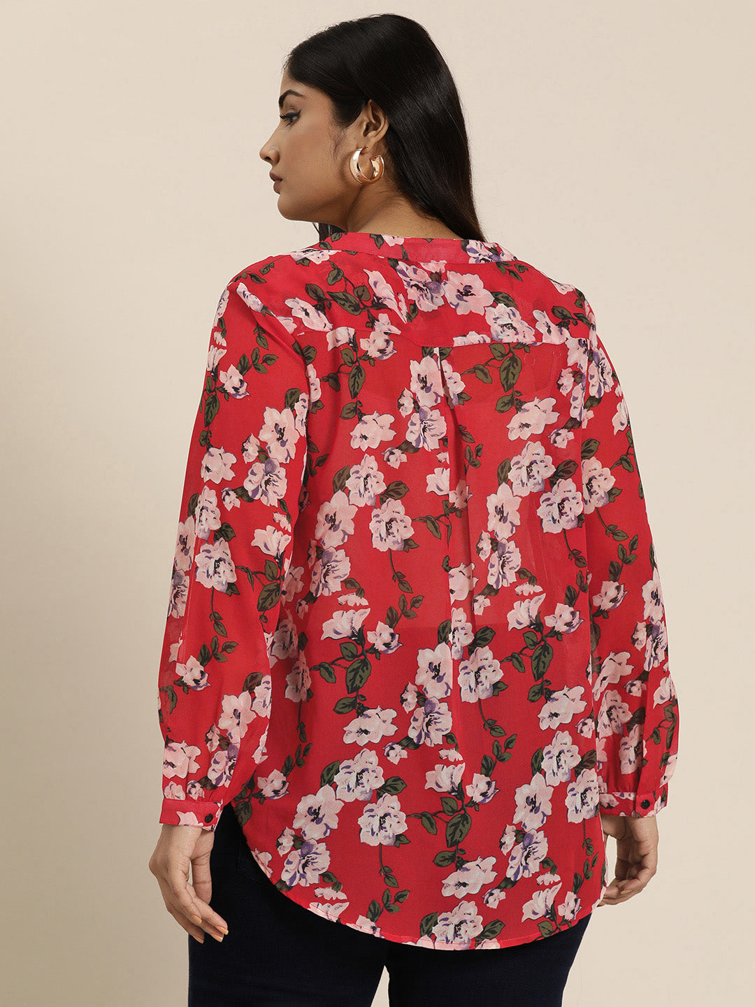 Red Floral georgette Half-Placket shirt with full cuff sleeves.