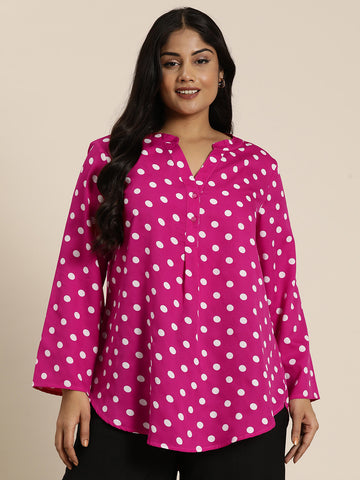 Magenta white Polka crepe Half-Placket shirt