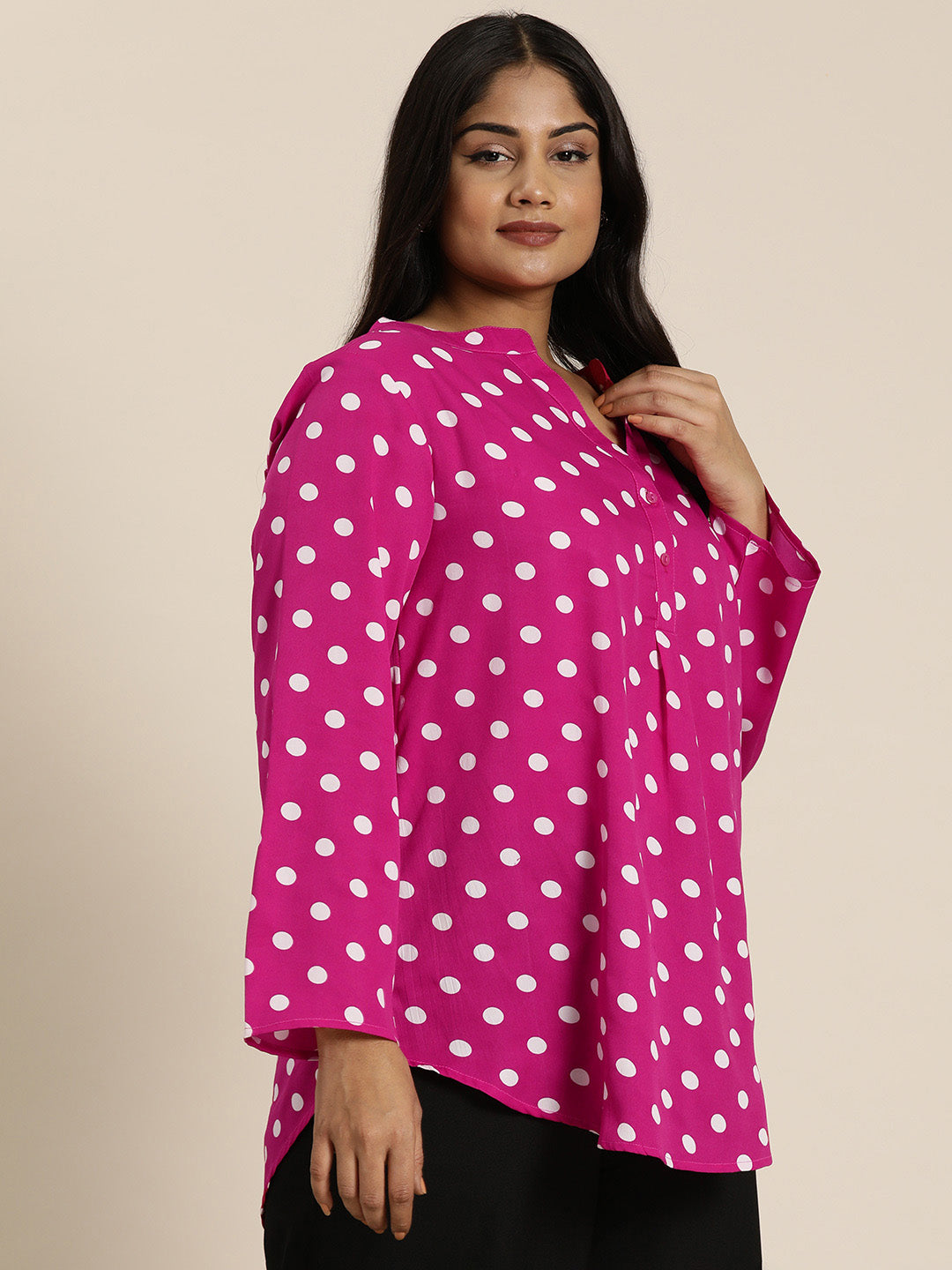 Magenta white Polka crepe Half-Placket shirt