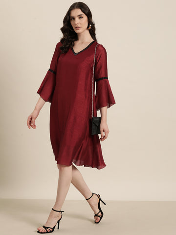Maroon silk A-Line sequins embelished V neck swing dress