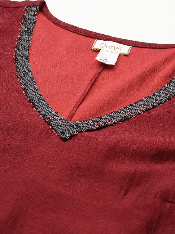 Maroon silk A-Line sequins embelished V neck swing dress