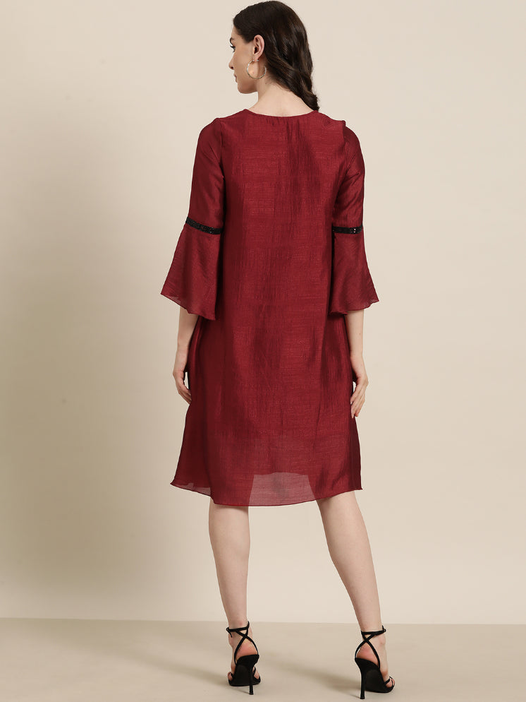 Maroon silk A-Line sequins embelished V neck swing dress