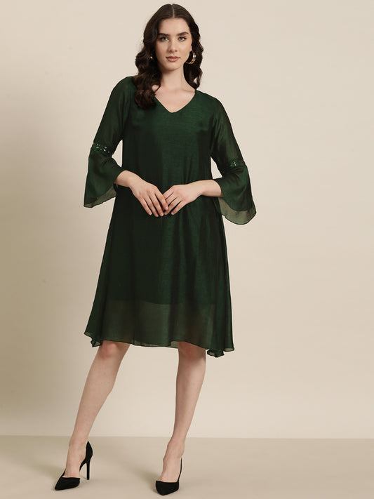 Emerald Green silk A-Line sequins embelished V neck swing dress