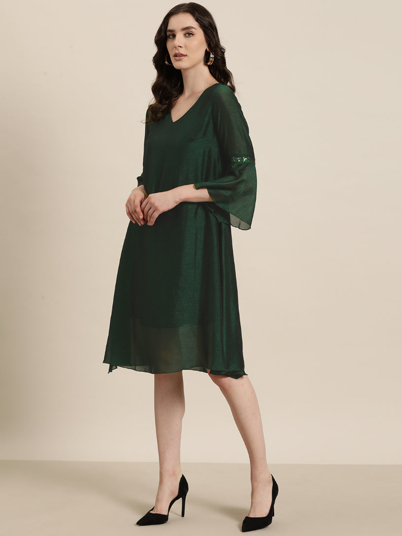 Emerald Green silk A-Line sequins embelished V neck swing dress