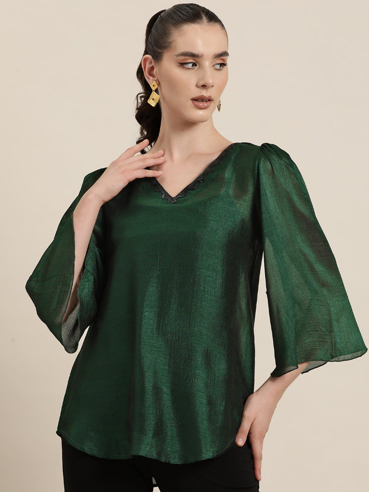 Qurvii Womens Emerald Green party silk top with v-neck and bell sleeves,
