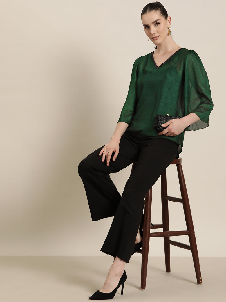 Qurvii Womens Emerald Green party silk top with v-neck and bell sleeves,