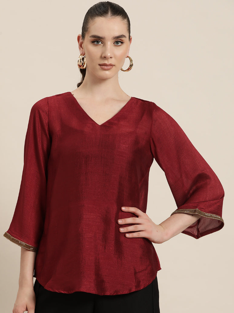 Qurvii Womens Maroon silk party top with v-neck and bell sleeves,