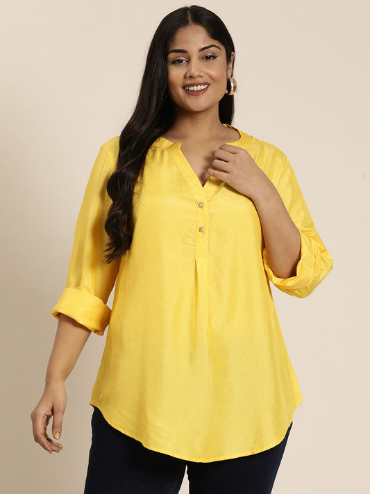 Yellow silk half-placket shirt with full cuff sleeves and embellished buttons