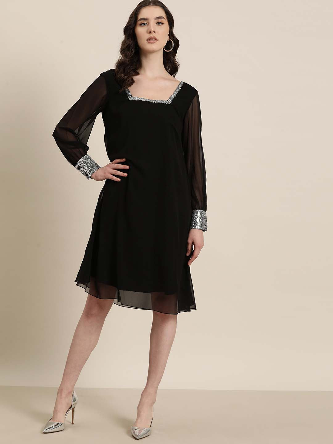 Black georgette sequins square neck calf-length party dress