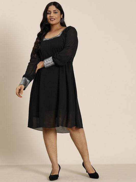 Black georgette sequins square neck calf-length party dress