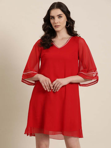 Red georgette V-Neck party dress with silver lace & mesh bell sleeves