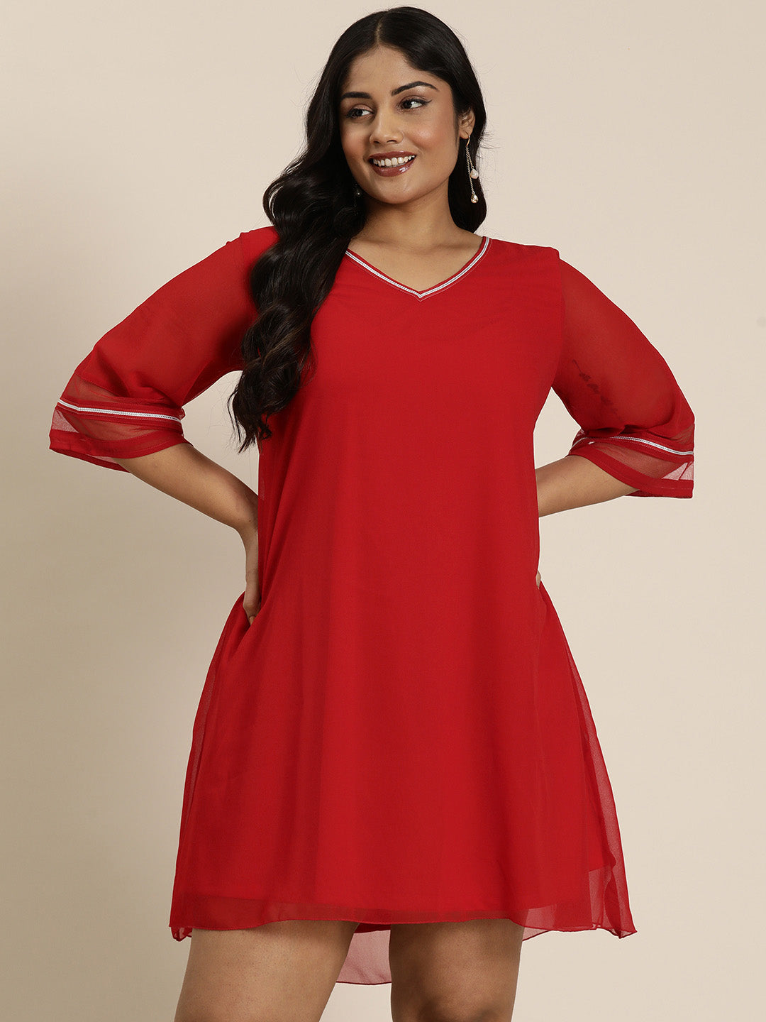 Red georgette V-Neck party dress with silver lace & mesh bell sleeves