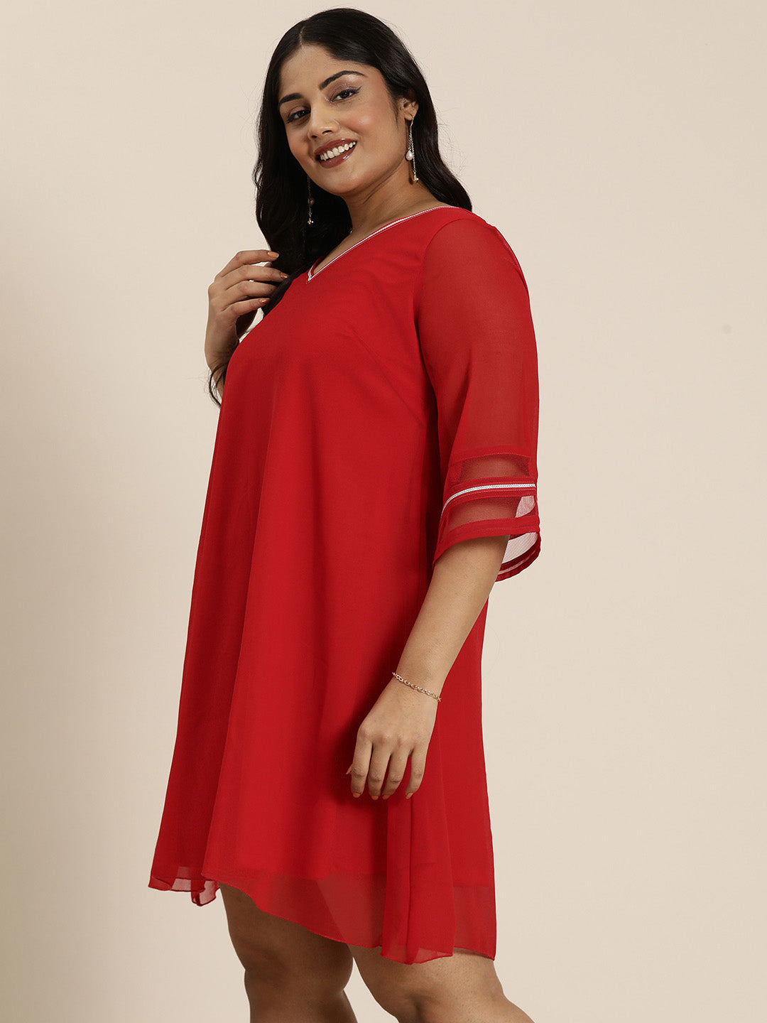 Red georgette V-Neck party dress with silver lace & mesh bell sleeves