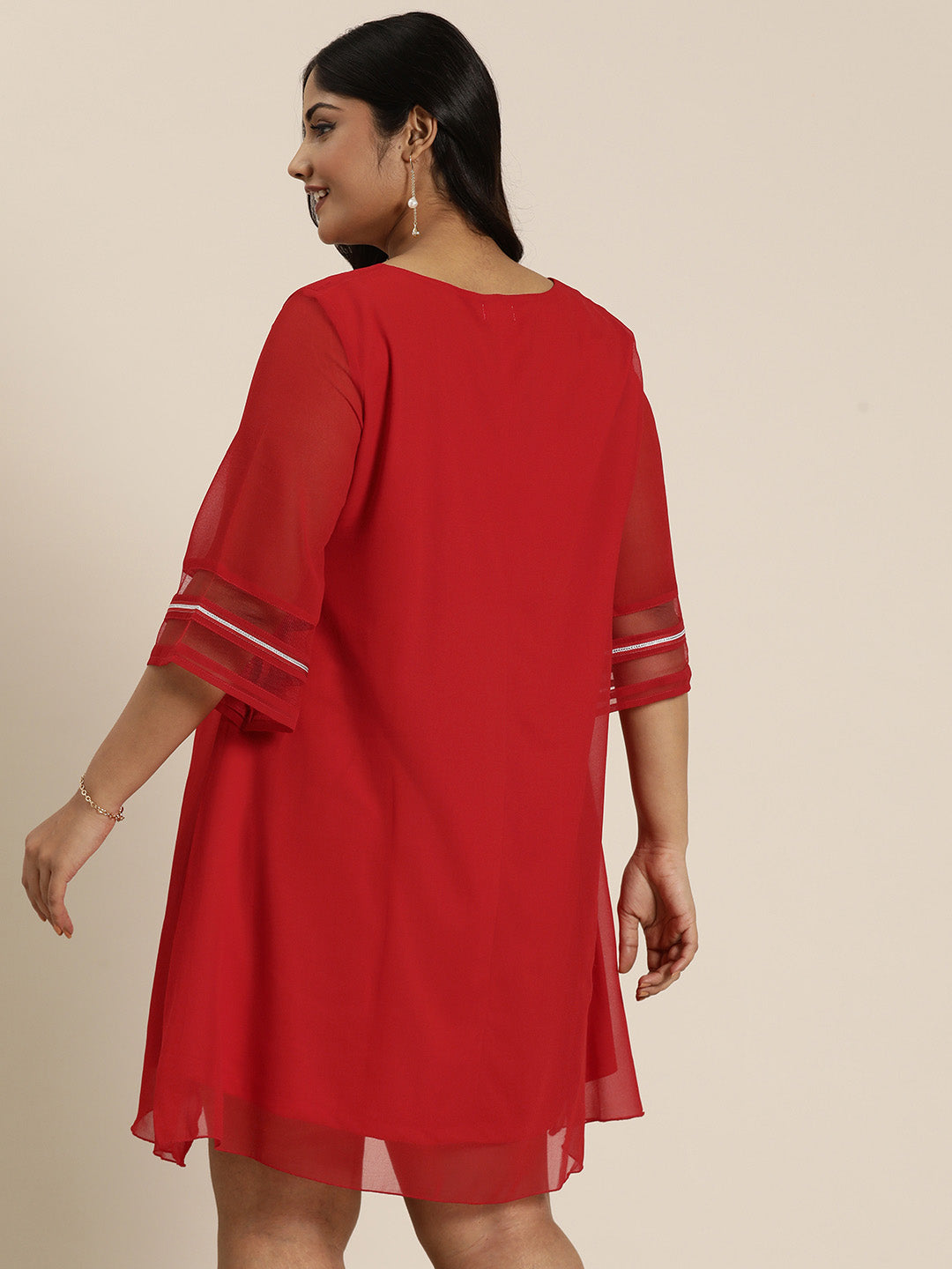 Red georgette V-Neck party dress with silver lace & mesh bell sleeves