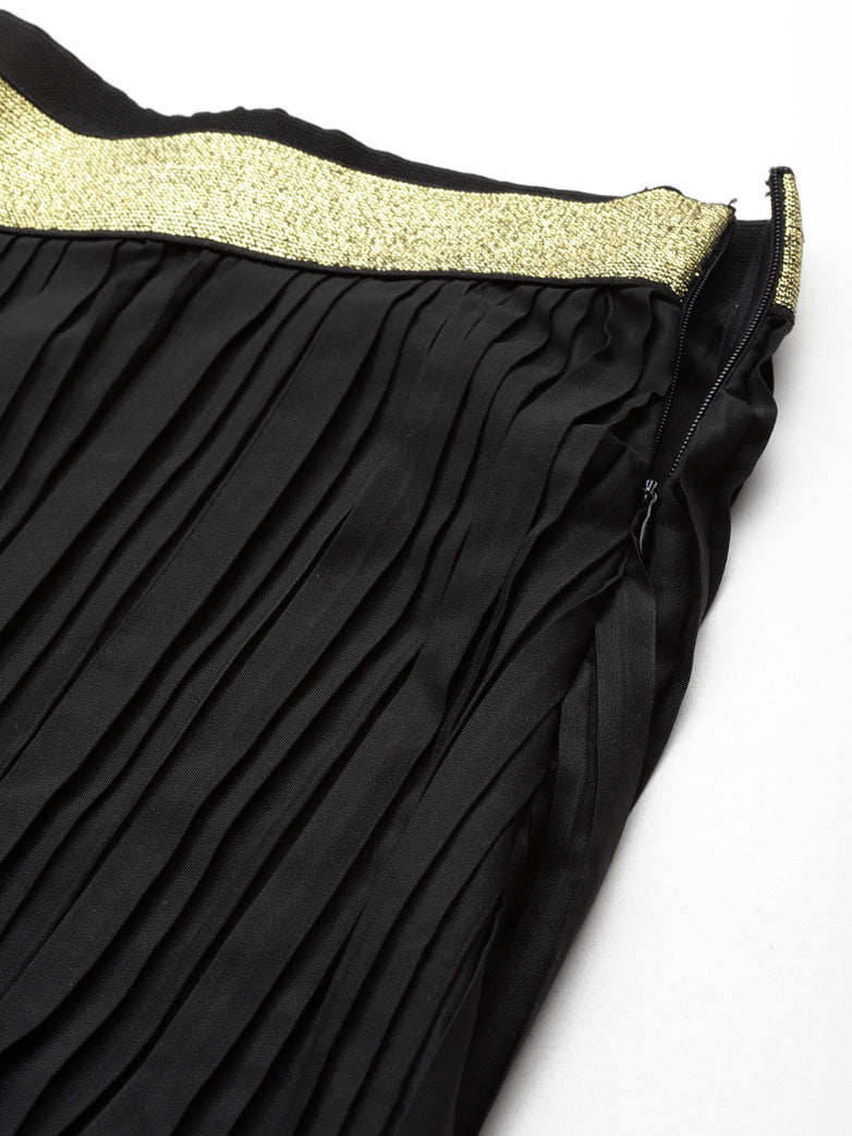 Black long pleated party skirt with a glittery elastic waistband