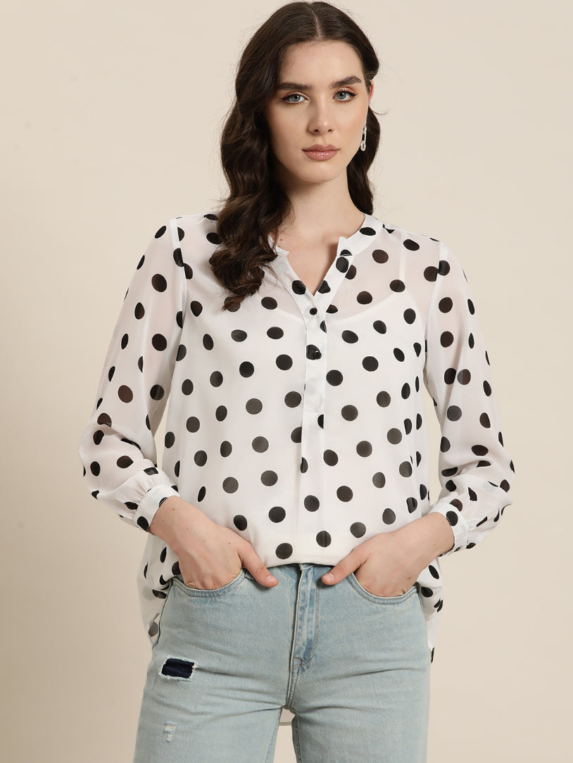 White and Black polka georgette half placket shirt