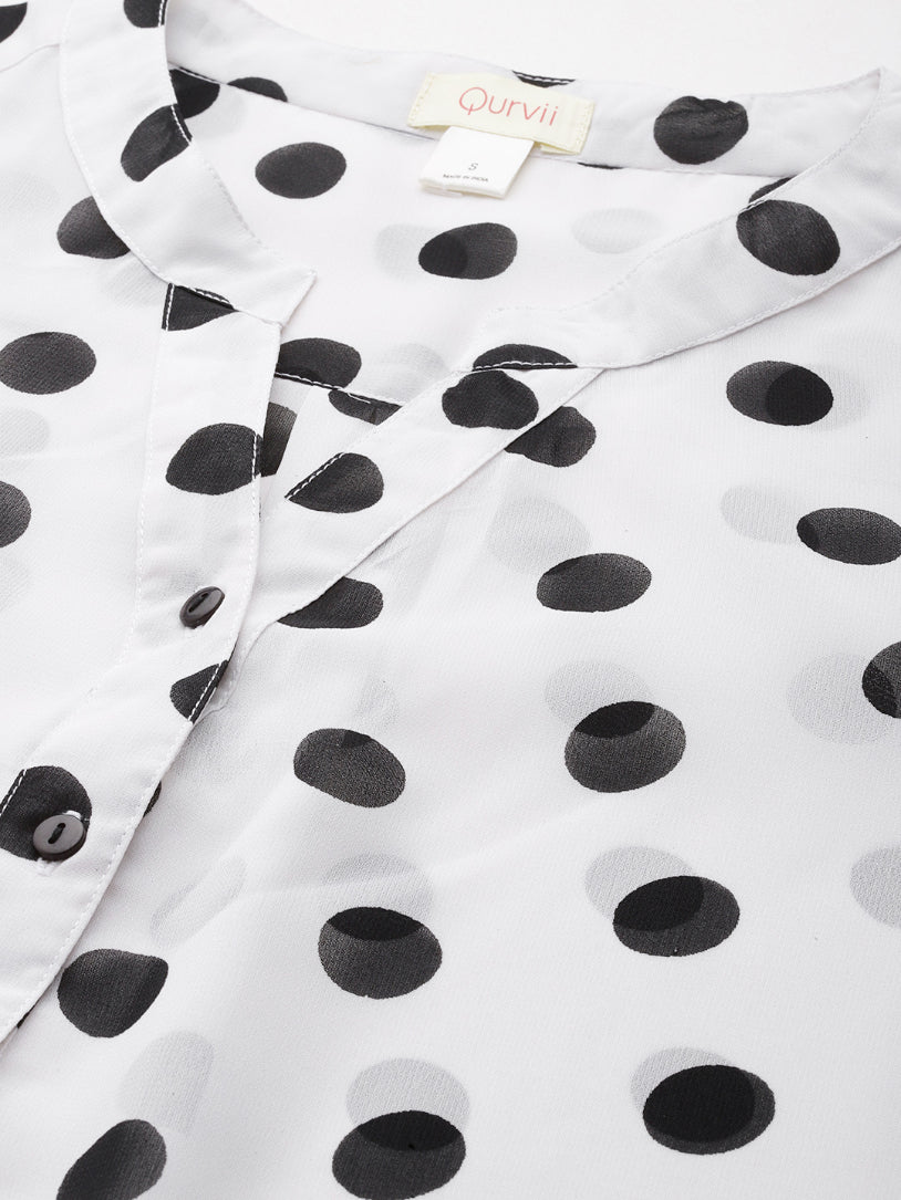 White and Black polka georgette half placket shirt