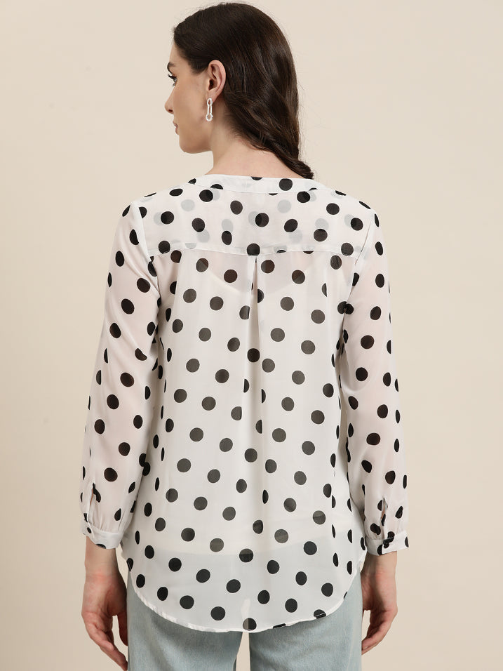 White and Black polka georgette half placket shirt