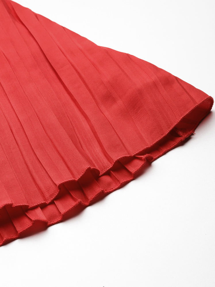 Red long pleated party skirt with a glittery elastic waistband