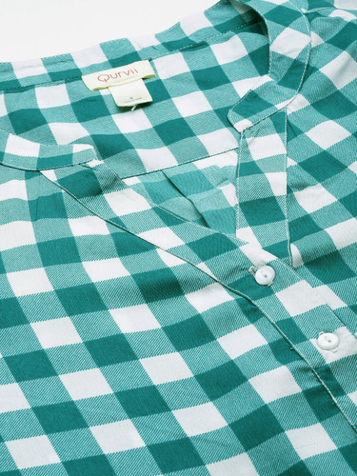 Teal and White plaid half placket shirt with full cuff sleeves.