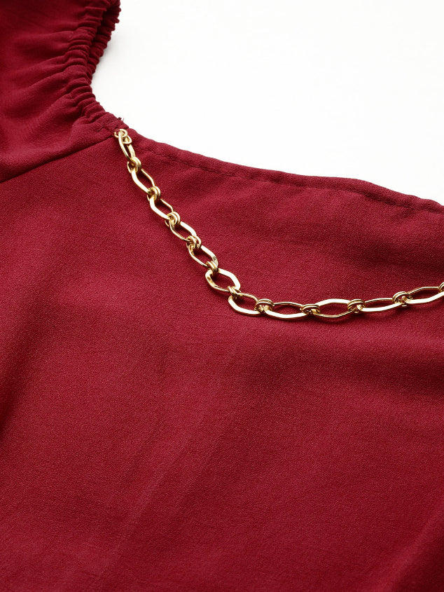 Deep Red long party dress embellished with gold chain