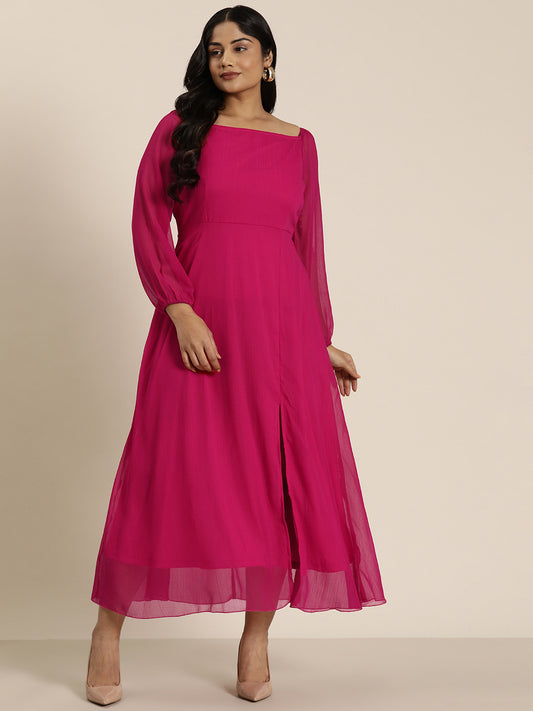 Magenta party long dress with baloon sleeves