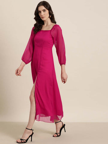 Magenta party long dress with baloon sleeves