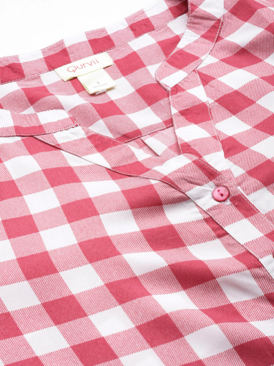 Pink and White plaid half placket shirt with full cuff sleeves.