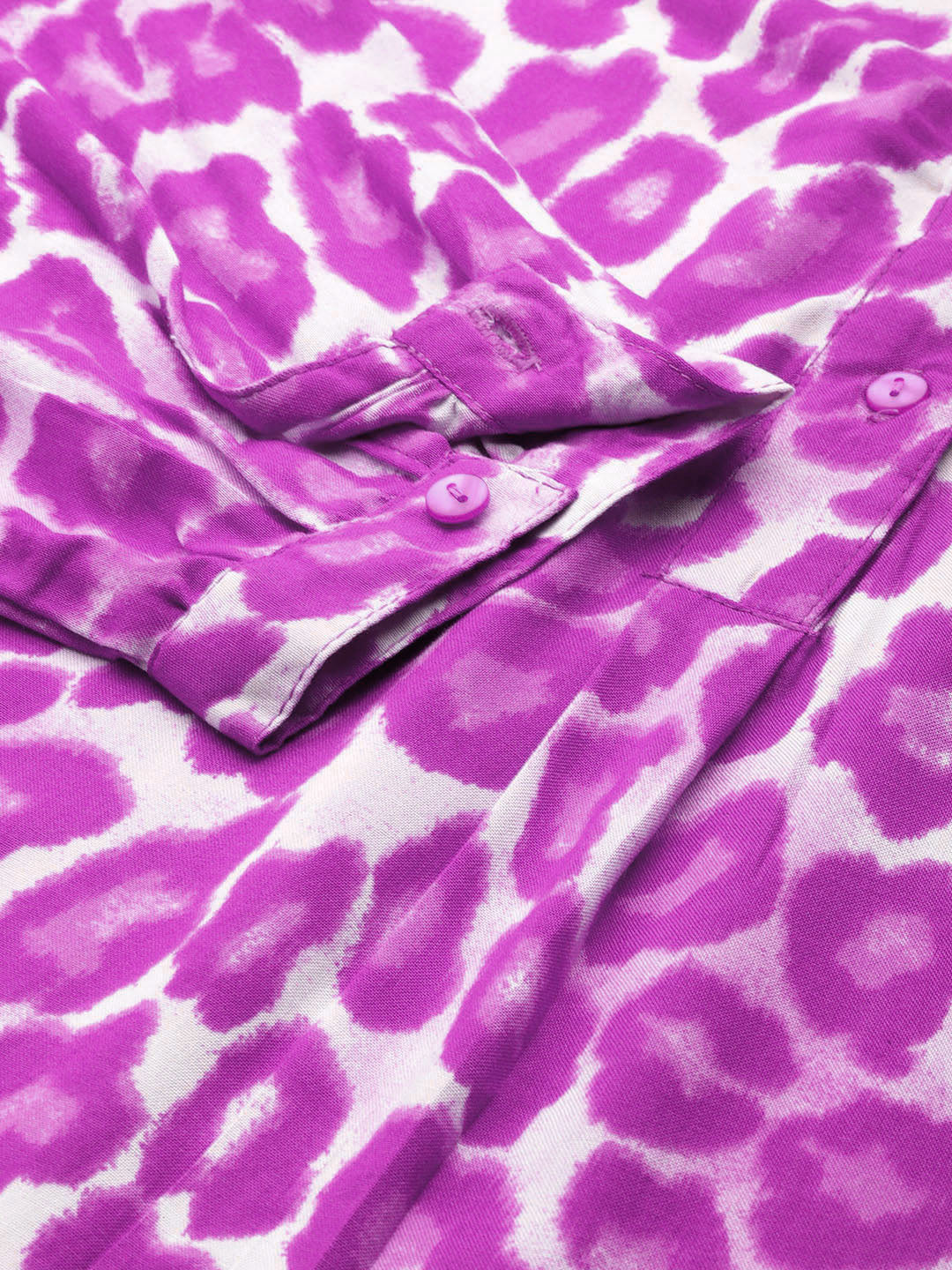 Magenta leopard print half placket shirt with full cuff sleeves
