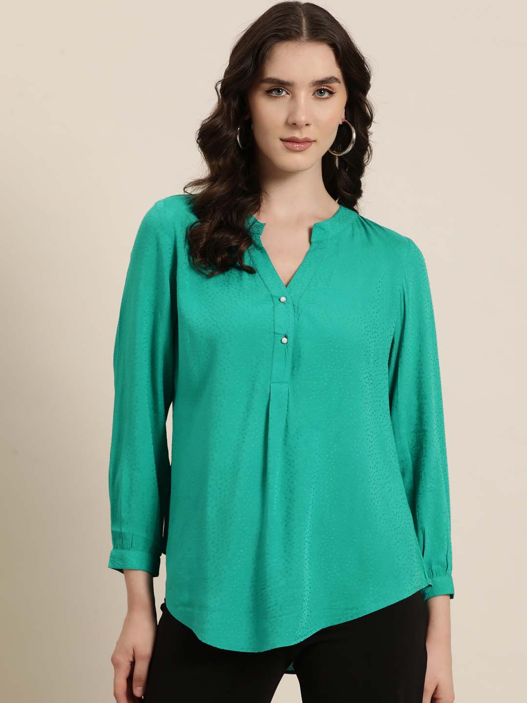 Rayon dobby half placket shirt with full cuff sleeves