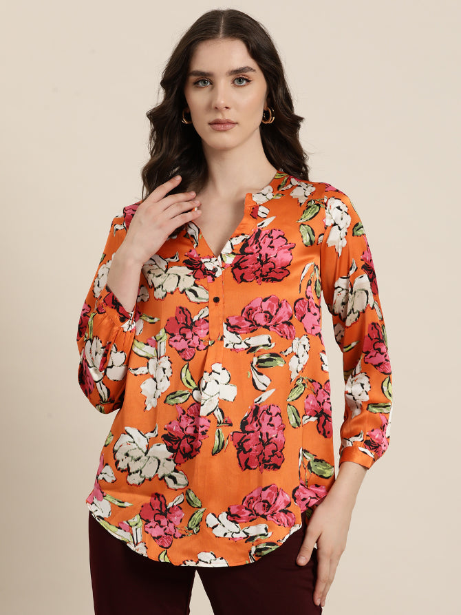orange satin floral print mandrain collar shirt