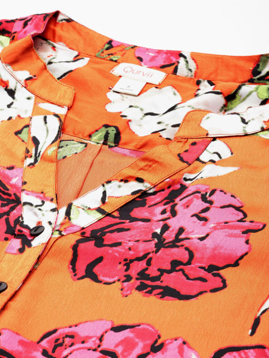 orange satin floral print mandrain collar shirt