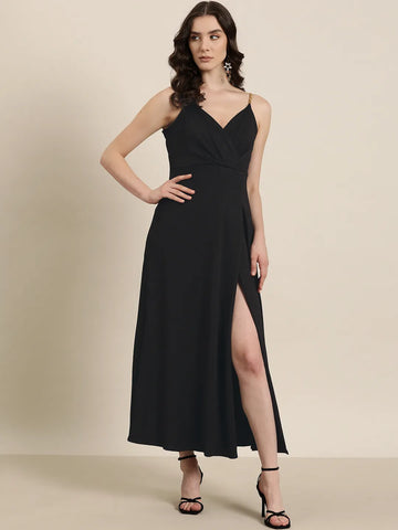 Black Long Party Dress with gold shouder chain straps