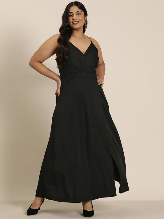Black Long Party Dress with gold shouder chain straps