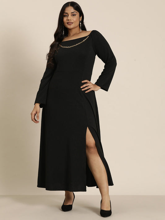 Black party long dress with gold chain embelishment