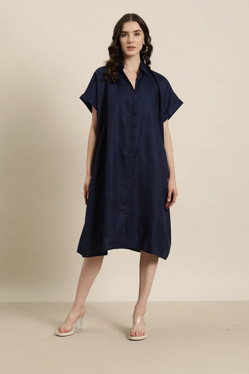 Cotton slub front open loop button oversize dress
