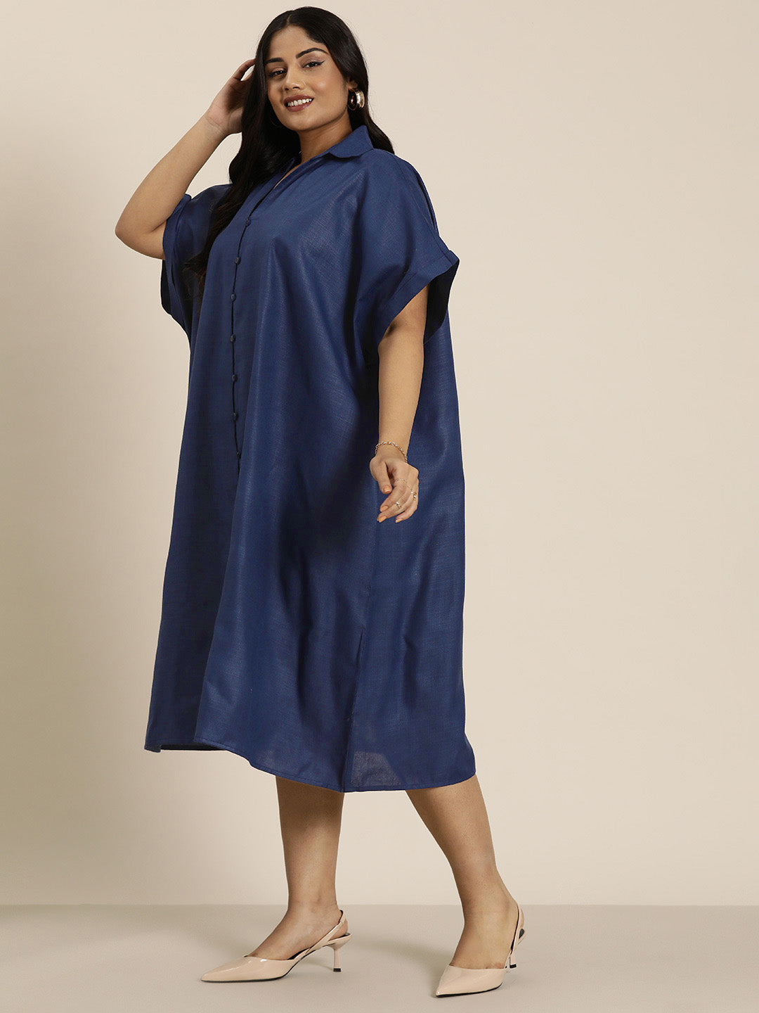 Cotton slub front open loop button oversize dress