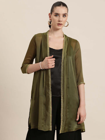 Olive georgette with gold shimmer party shrug