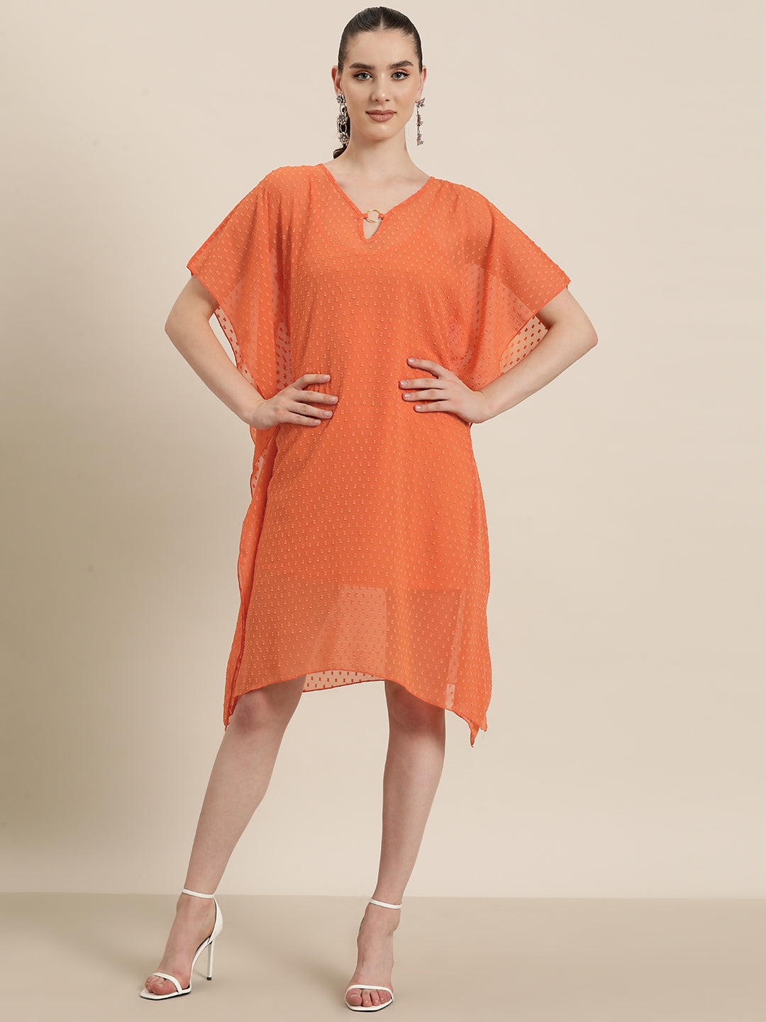 Orange V neck Kaftan with gold ring