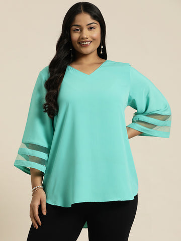 Turquoise Top With stylish Mesh Bell Sleeves