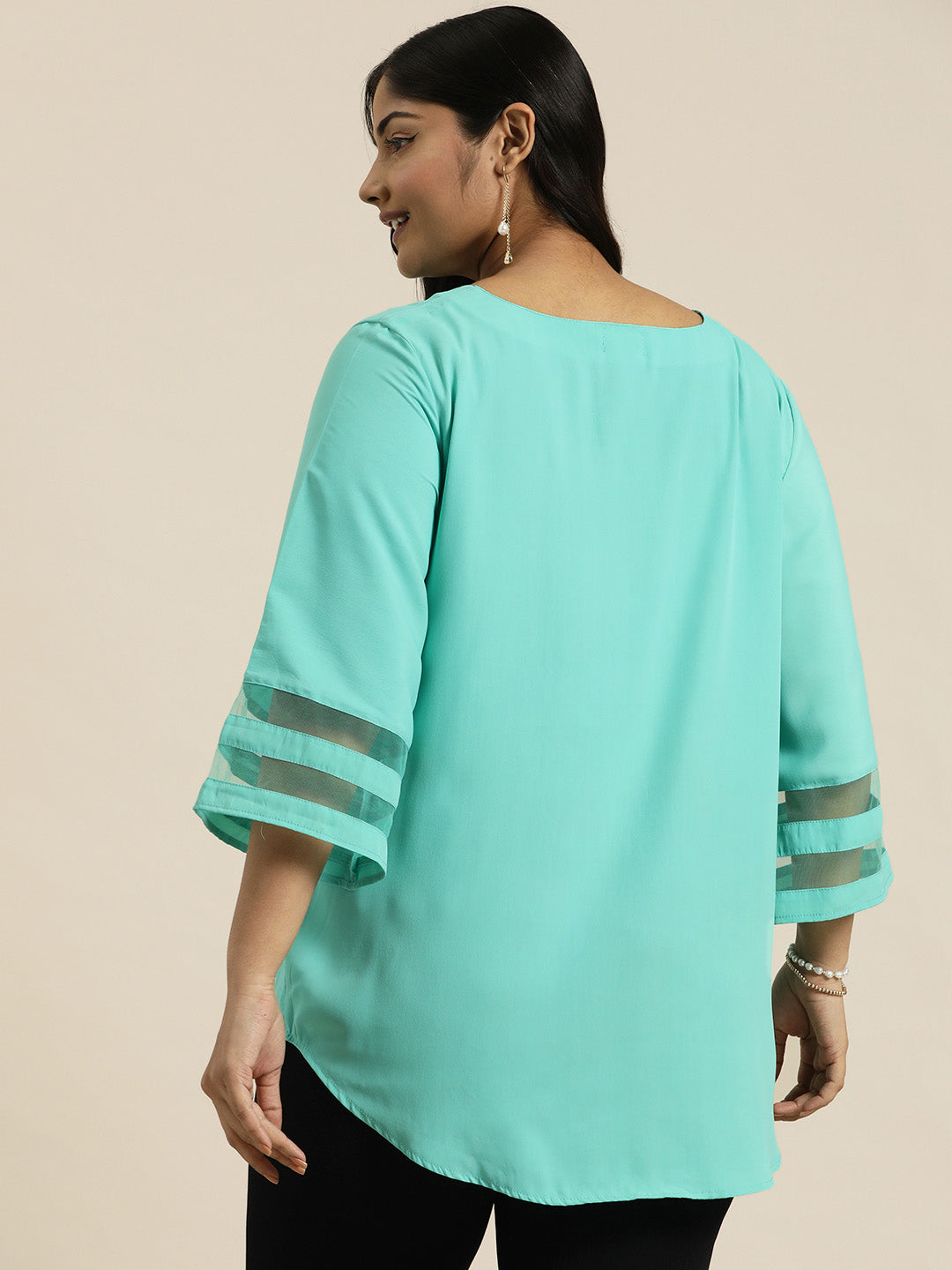 Turquoise Top With stylish Mesh Bell Sleeves