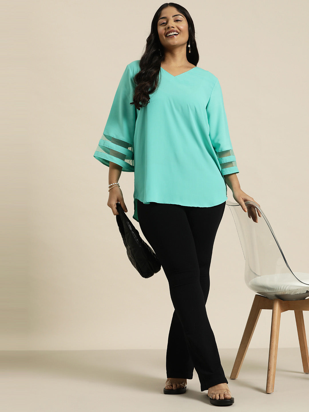 Turquoise Top With stylish Mesh Bell Sleeves