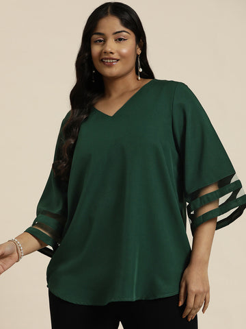 Bottle Green Top With stylish Mesh Bell Sleeves