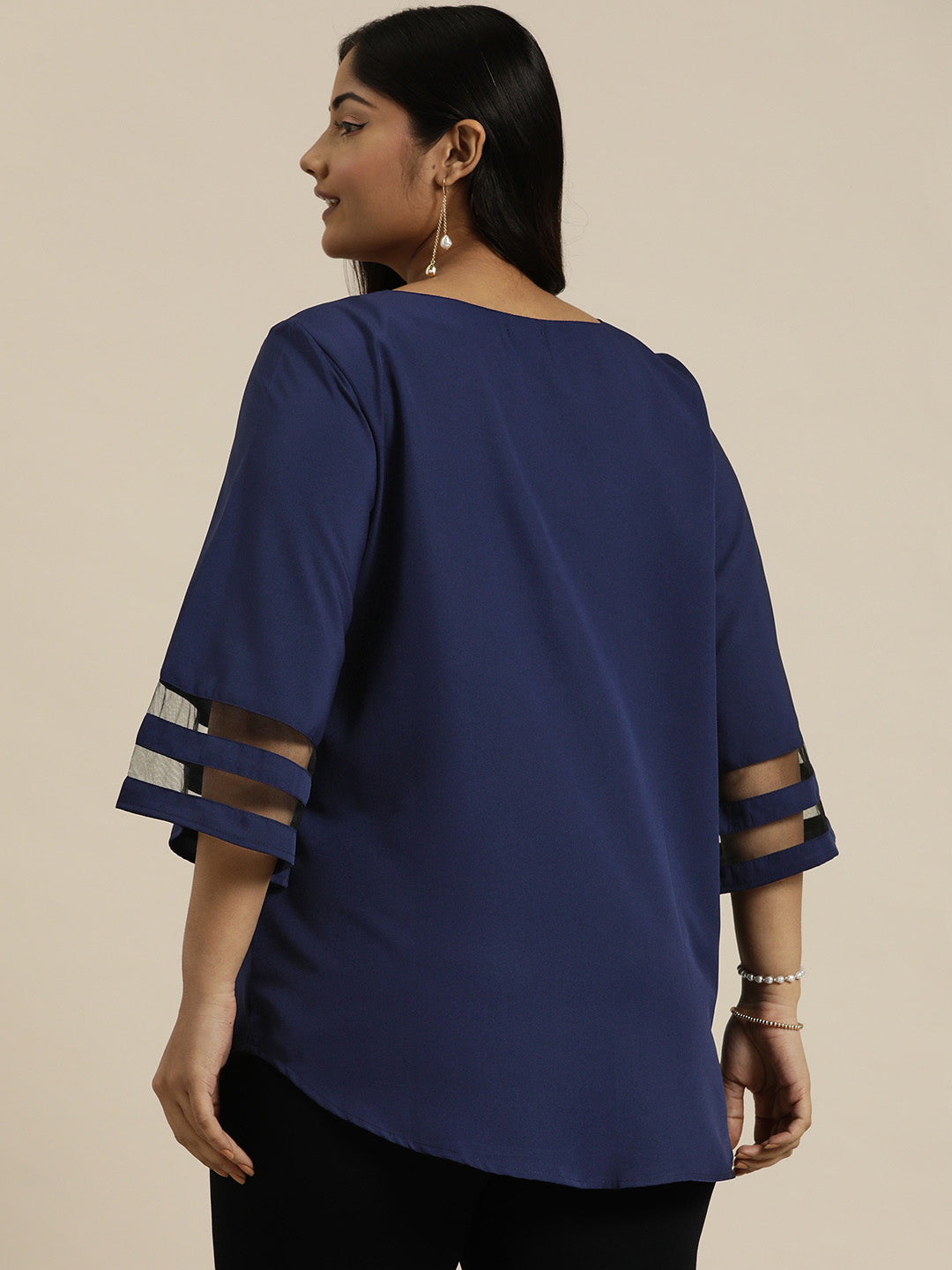 Navy blue Top With stylish Mesh Bell Sleeves