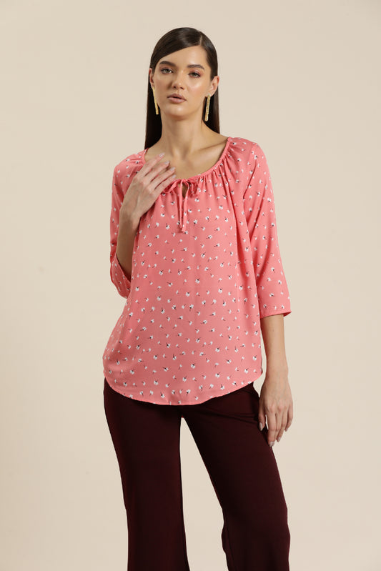 Pink Floral Gather Neck Top