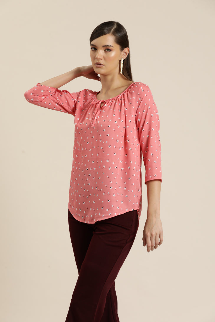 Pink Floral Gather Neck Top