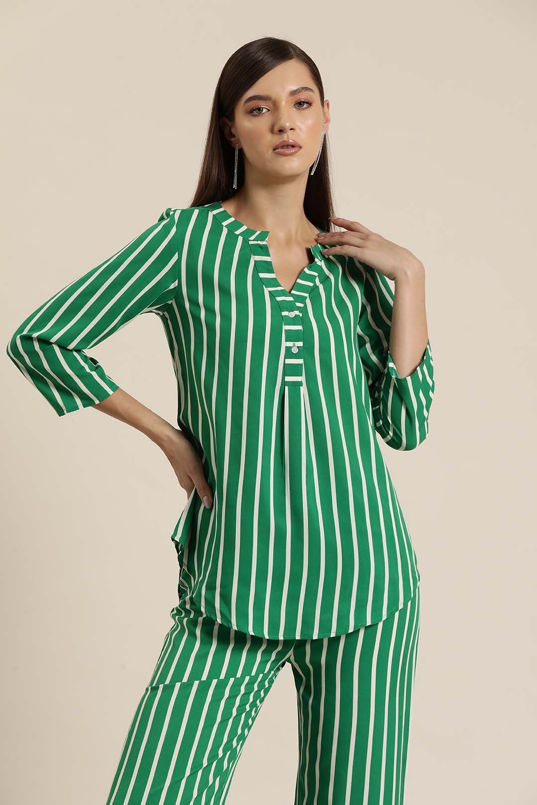 Greenand White Stripe half placket shirt.